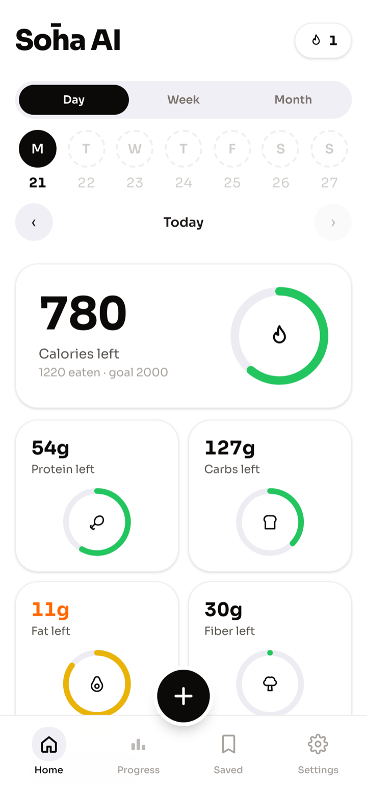 Home screen showing calories left and macro rings