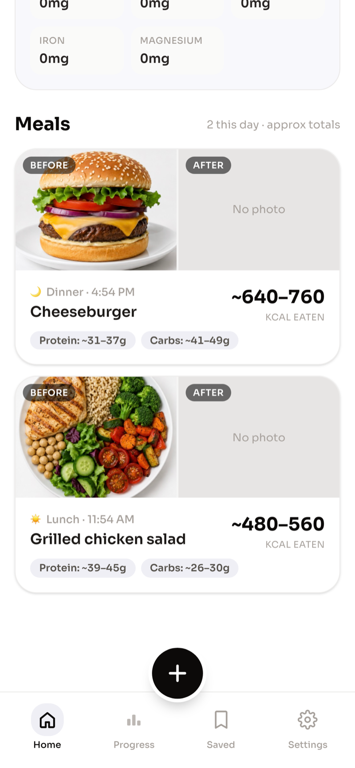 Meal log with photos and estimated calories